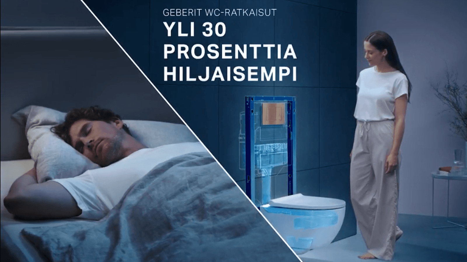 Geberitin wc-ratkaisu on 30 % hiljaisempi silloin kun yhdistetään uusi huuhtelu- ja täyttöventtiili ja Turboflush-wc. Geberitin wc-ratkaisu on 30 % hiljaisempi silloin kun yhdistetään uusi huuhtelu- ja täyttöventtiili ja Turboflush-wc.