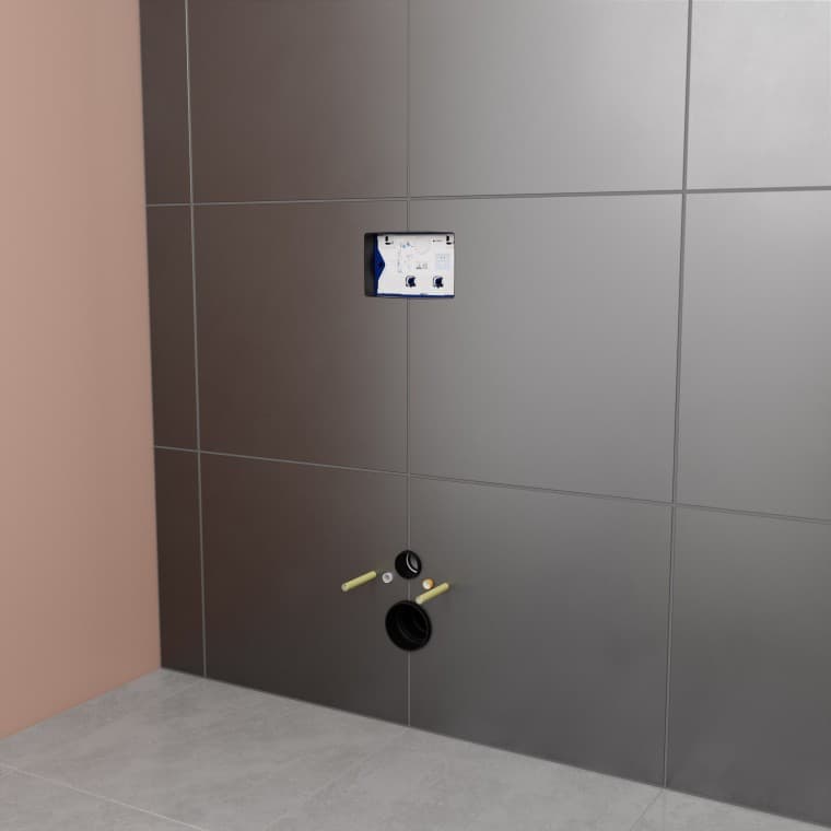 Laatoituksen jälkeen läpiviennit lyhennetään laattapinnan ulkopuolelle ennen wc-istuimen ja huuhtelupainikkeen asennusta Laatoituksen jälkeen läpiviennit lyhennetään laattapinnan ulkopuolelle ennen wc-istuimen ja huuhtelupainikkeen asennusta