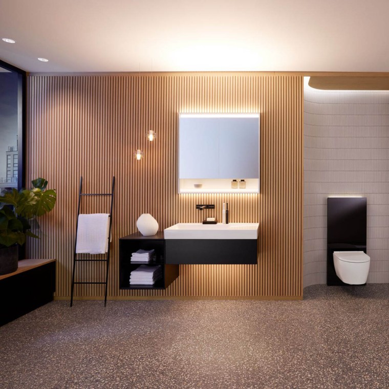 Geberit ONE -kylpyhuonekalusteet antavat rohkean kontrastin pehmeiden luonnonmateriaalien rinnalla. Geberit ONE -kylpyhuonekalusteet antavat rohkean kontrastin pehmeiden luonnonmateriaalien rinnalla.