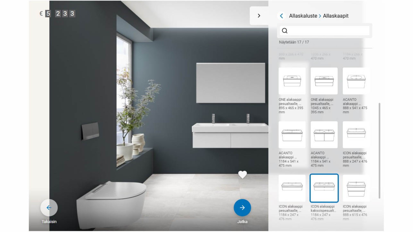 2. Valitse pesuallas, allaskaappi ja peili