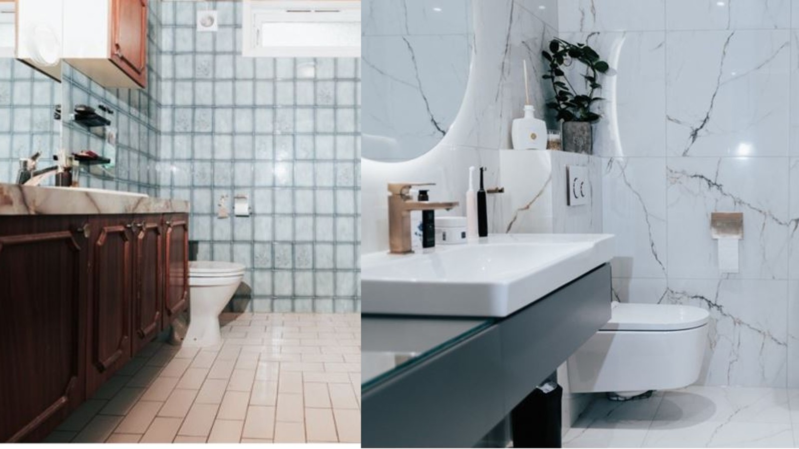 Kylpyhuone ennen ja jälkeen remontin