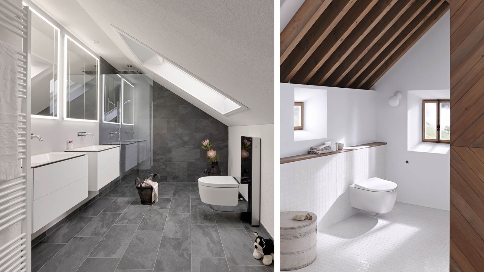 Kylpyhuoneita, joissa on kalteva katto