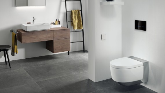 Kosketusvapaa Geberit Sigma80 -huuhtelupainike & Geberit AquaClean Mera -pesu-wc
