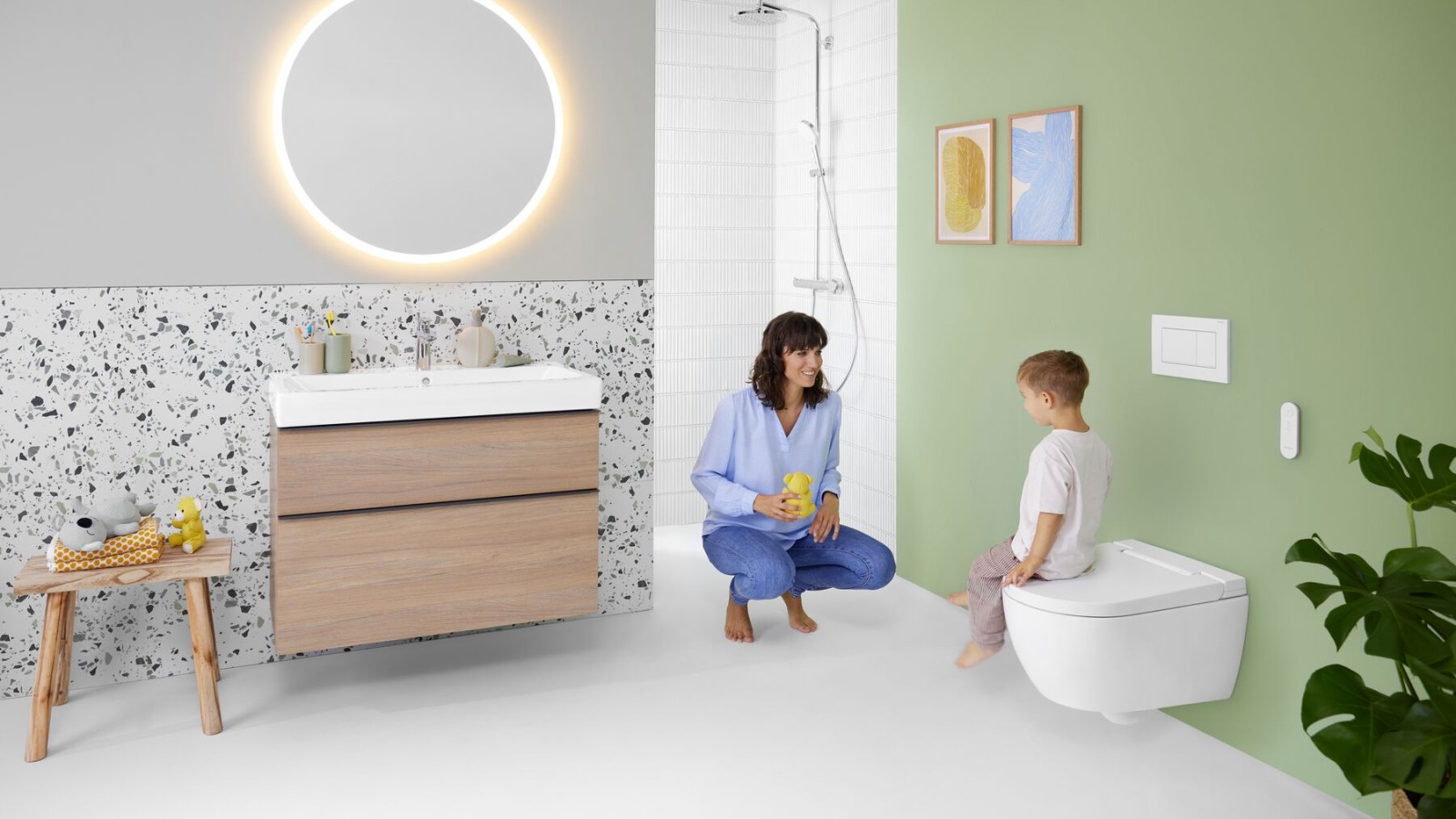 Geberit Option Round -valopeili ja Geberit AquaClean Alba -pesu-wc ovat moderneja ratkaisuja kylpyhuoneeseen. Geberit Option Round -valopeili ja Geberit AquaClean Alba -pesu-wc ovat moderneja ratkaisuja kylpyhuoneeseen.