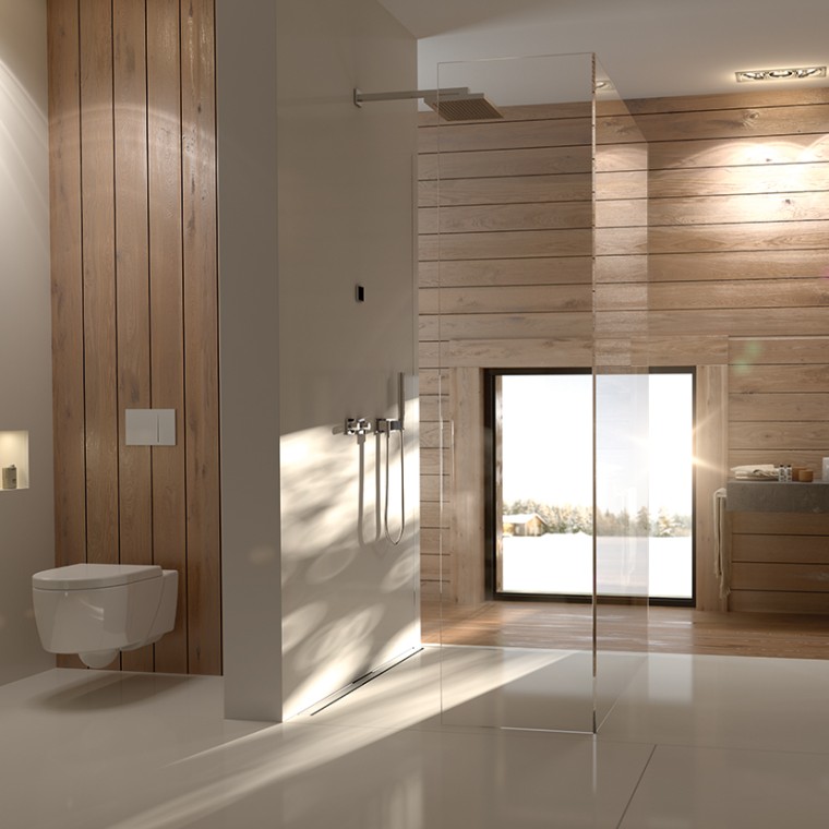 Avoin suihkutila erotetaan lasisella suihkuseinällä ja tuo mordernin ilmeen kylpyhuoneeseen.