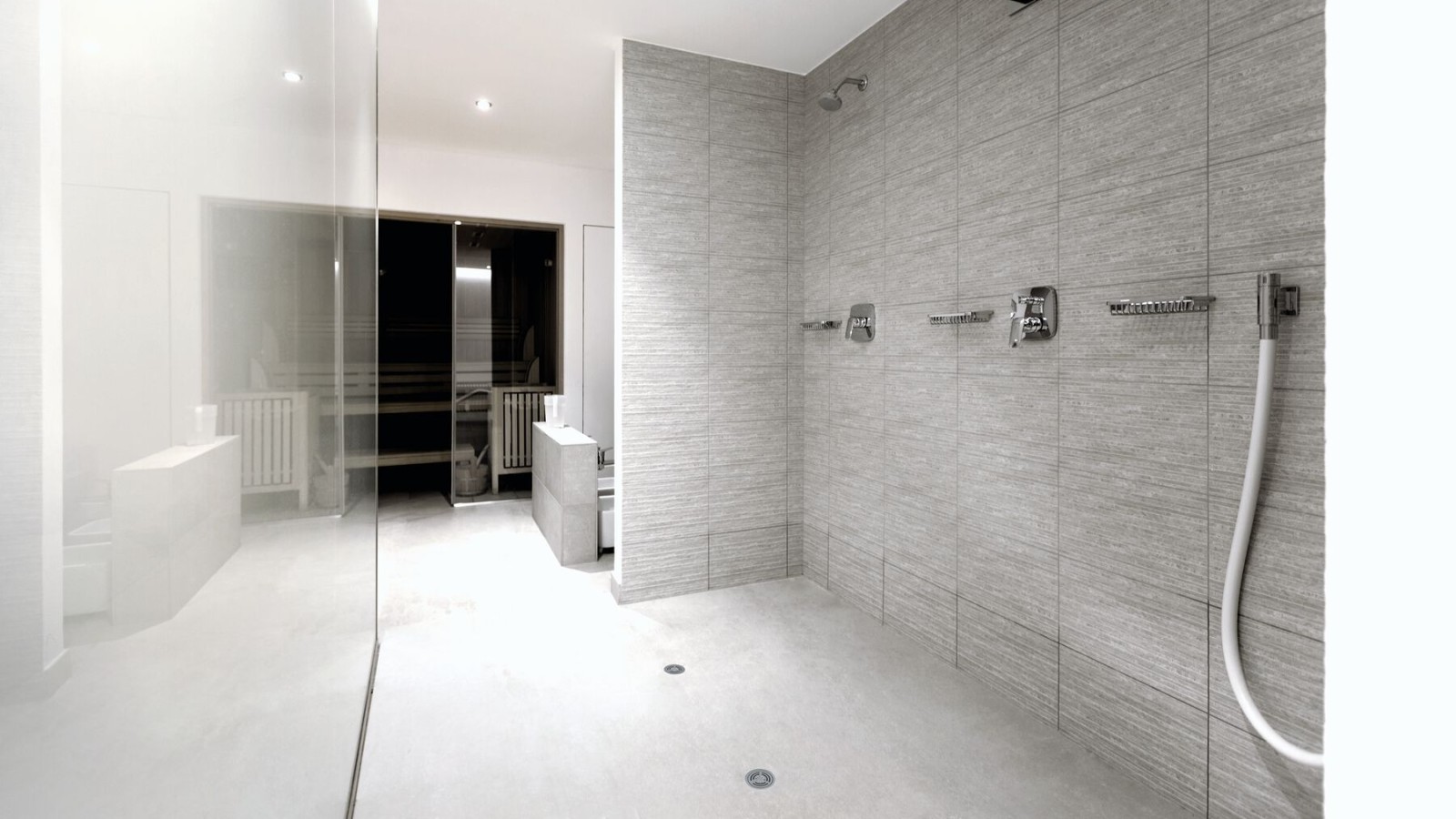 Puolijulkinen saniteettitila Geberit-vinyylisuihkulattiakaivolla (PVC) Puolijulkinen saniteettitila Geberit-vinyylisuihkulattiakaivolla (PVC)