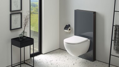 Kylpyhuone, jossa Geberit Monolith Plus -saniteettimoduuli WC-istuinta varten