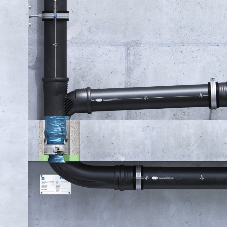 Geberit RS90 Plus EN -palokatkomansetti uppoasennettuna välipohjaan EPS/XPS-eristyksellä välipohjan paksuuden mukaan Geberit RS90 Plus EN -palokatkomansetti uppoasennettuna välipohjaan EPS/XPS-eristyksellä välipohjan paksuuden mukaan