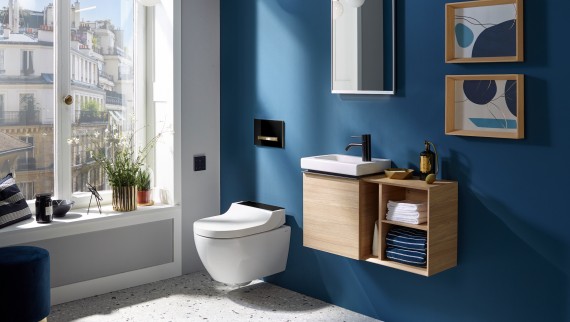 Geberit iCon vieras-WC pienellä pesualtaalla ja kaapilla