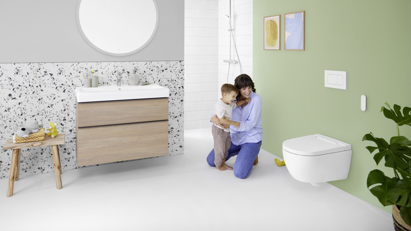 Geberit WC-ratkaisu: AquaClean Alba ja Sigma30 -huuhtelupainike