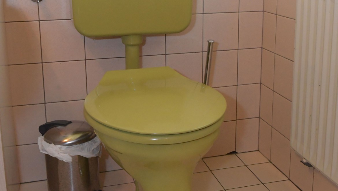 Vieraskylpyhuoneen vanha WC-istuin pintahuuhtelusäiliöllä