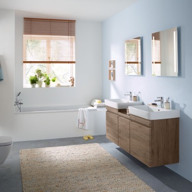 Kylpyhuone, jossa vaaleansiniset seinät ja Geberitin hikkoripuun väriset kylpyhuonekalusteet, peilikaappi, huuhtelupainike ja posliinit