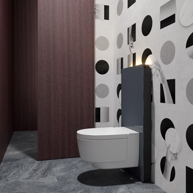Vieraskylpyhuoneessa on Geberit AquaClean Mera -pesu-wc-istuin, joka on asennettu Monolith Plus -saniteettimoduulin kanssa (©Bloomrealities/HTA für H.O.M.E. Haus 2022)