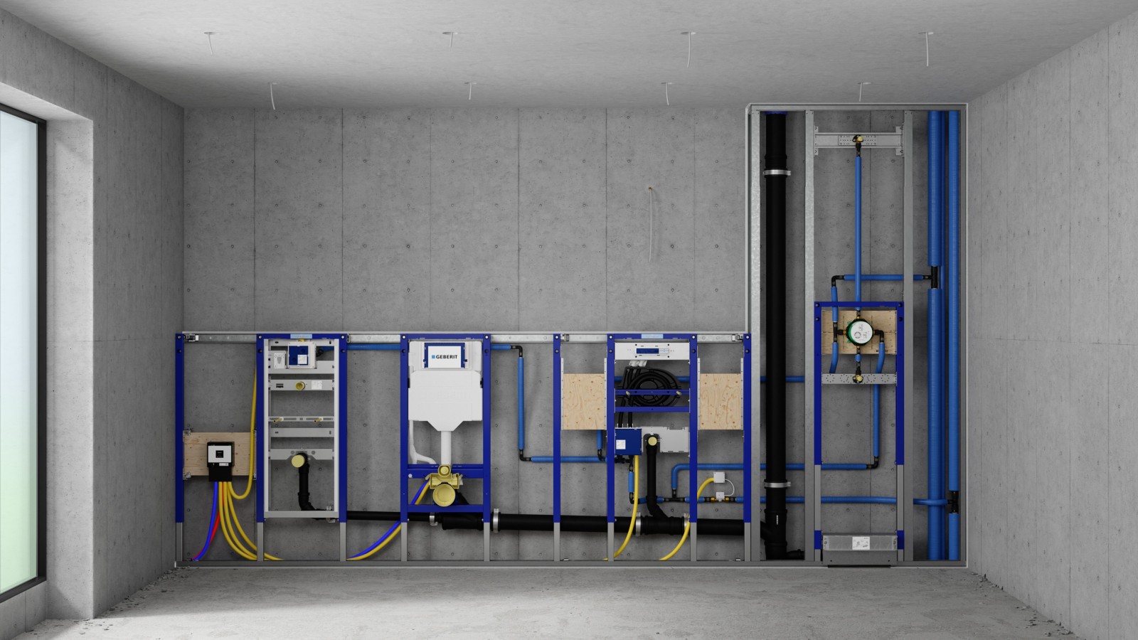 Asennusseinä, jossa on Duofix-elementti urinaalille, seinä-wc-istuimelle, pesualtaalle ja suihkulle