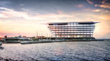 Keveänä kelluva saari: Lääkeyhtiö Ferring Pharmaceuticalsin uusi pääkonttori Kastrupissa, Tanskassa. (©Foster&Partners)