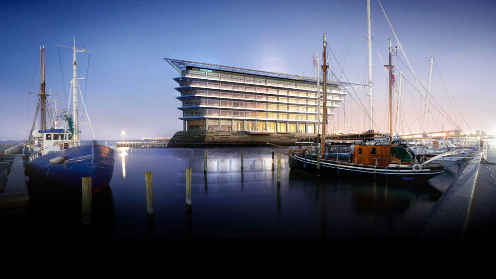 Kaunis näköala Juutinrauman salmelle Kööpenhaminan ja Malmön välillä: Ferring Pharmaceuticalsin uusi pääkonttori. (©Foster&Partners) Kaunis näköala Juutinrauman salmelle Kööpenhaminan ja Malmön välillä: Ferring Pharmaceuticalsin uusi pääkonttori. (©Foster&Partners)