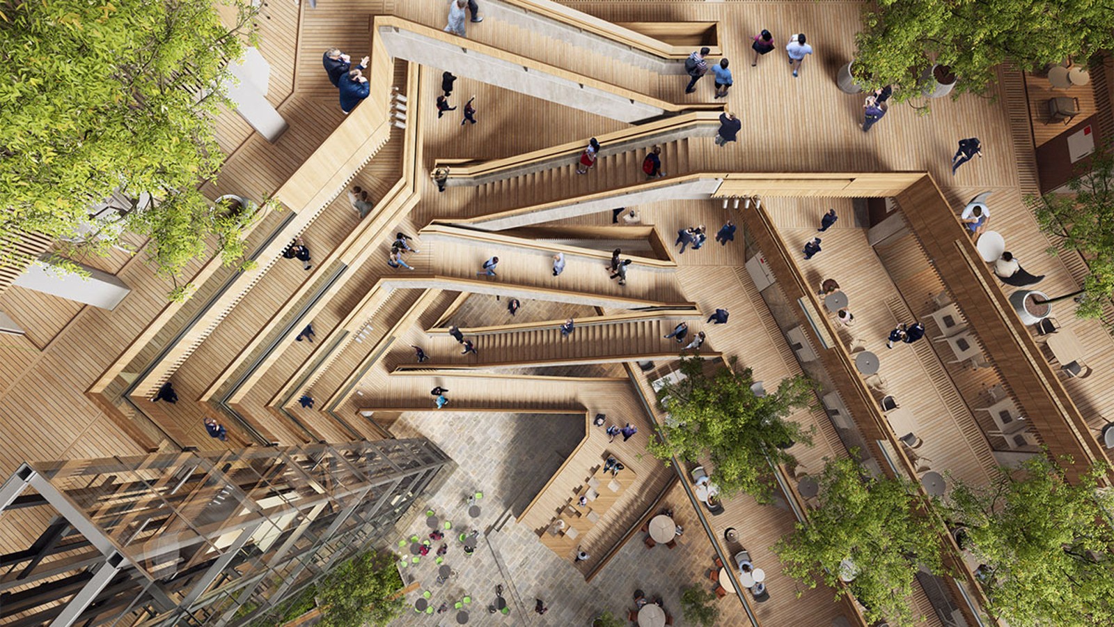 Uuden pääkonttorin sydän on atrium, sisäpiha, jonka ympäriltä portaat ja hissit johtavat ylempiin kerroksiin. (©Foster&Partners) Uuden pääkonttorin sydän on atrium, sisäpiha, jonka ympäriltä portaat ja hissit johtavat ylempiin kerroksiin. (©Foster&Partners)