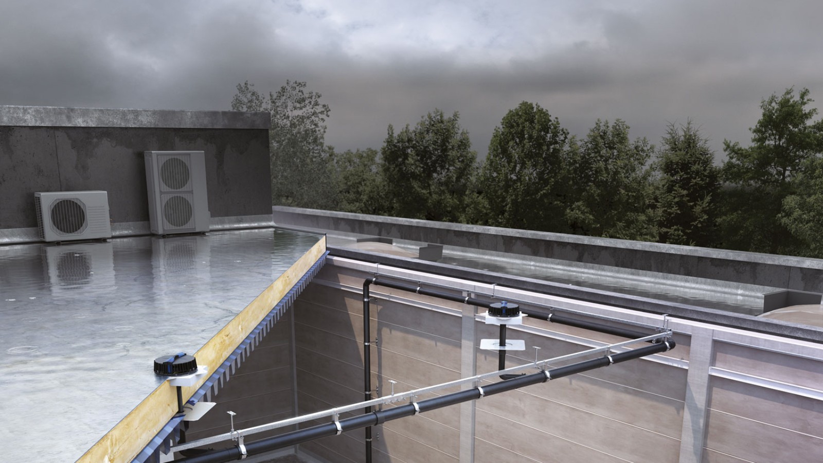 Pluvia-kattovedenpoistojärjestelmässä tarvitaan kaikkien kolmen tornin kattojen tyhjentämiseen vain suhteellisen vähän kattokaivoja. (© Geberit)