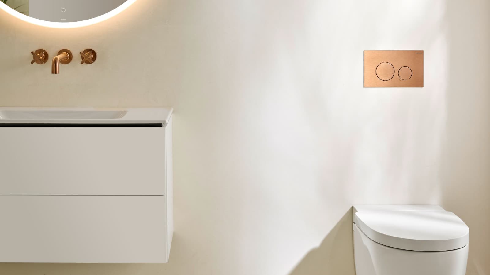 Vaaleat, selkeät linjat kylpyhuoneessa ja AquaClean -pesu-wc Vaaleat, selkeät linjat kylpyhuoneessa ja AquaClean -pesu-wc