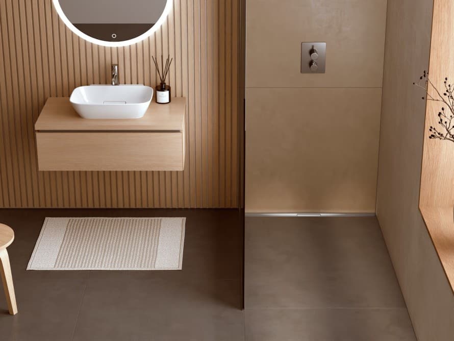 Avoin suihkutila linjalattiakaivoratkaisulla Avoin suihkutila linjalattiakaivoratkaisulla