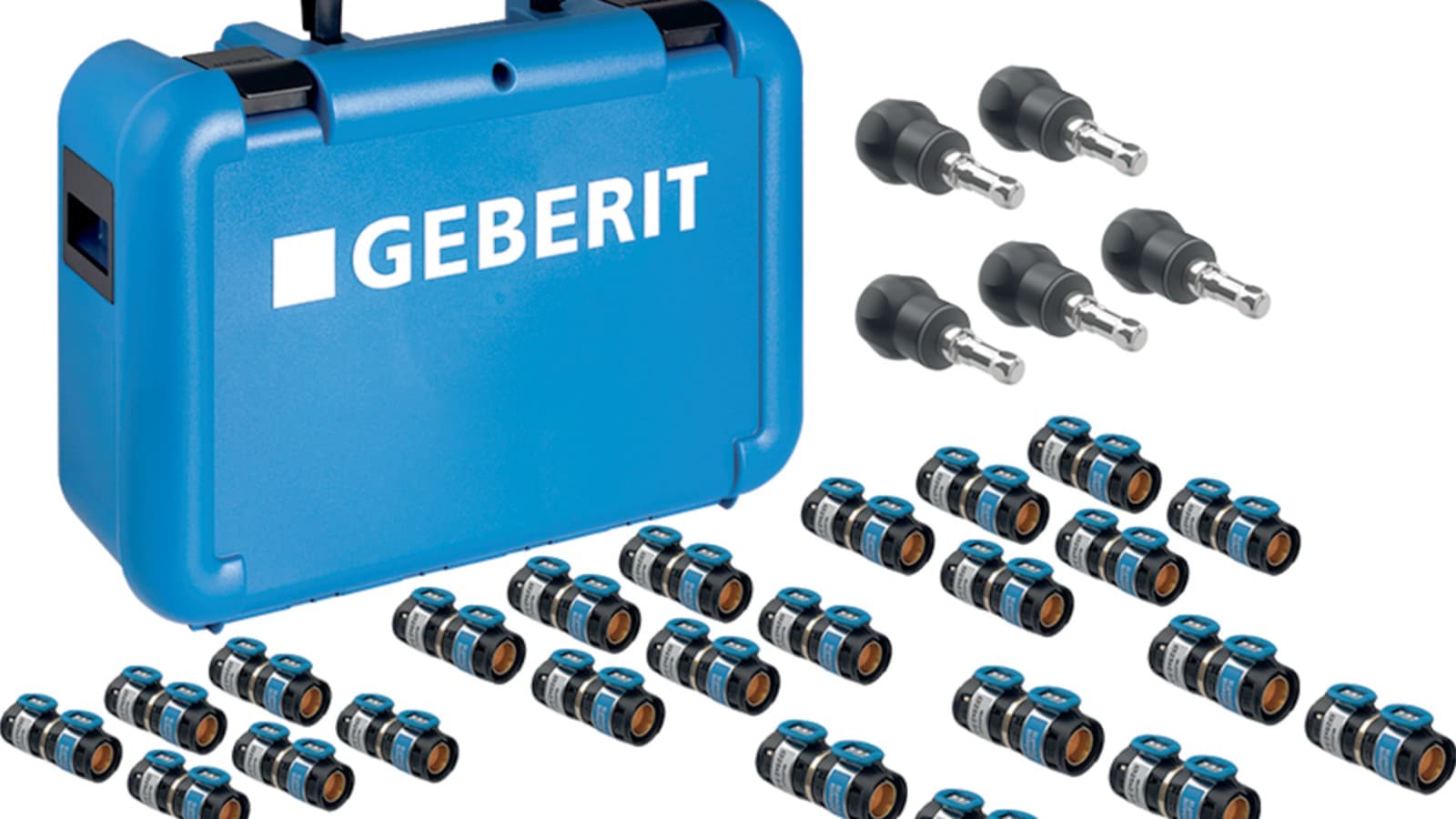 Geberit FlowFit salkku, jossa eri kokoiset liitinmuhvit ja kalibrointityökalut Geberit FlowFit salkku, jossa eri kokoiset liitinmuhvit ja kalibrointityökalut
