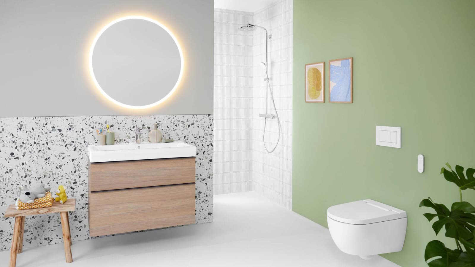 Geberit iCon allaskalusteet, Option round -peili valoilla ja Geberit AquaClean Alba -pesu-wc Geberit iCon allaskalusteet, Option round -peili valoilla ja Geberit AquaClean Alba -pesu-wc
