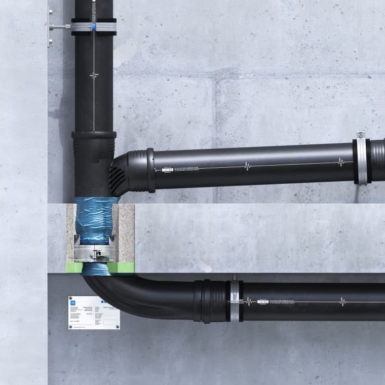 Geberit RS90 Plus EN -palokatkomansetti uppoasennettuna välipohjaan EPS/XPS-eristyksellä välipohjan paksuuden mukaan Geberit RS90 Plus EN -palokatkomansetti uppoasennettuna välipohjaan EPS/XPS-eristyksellä välipohjan paksuuden mukaan