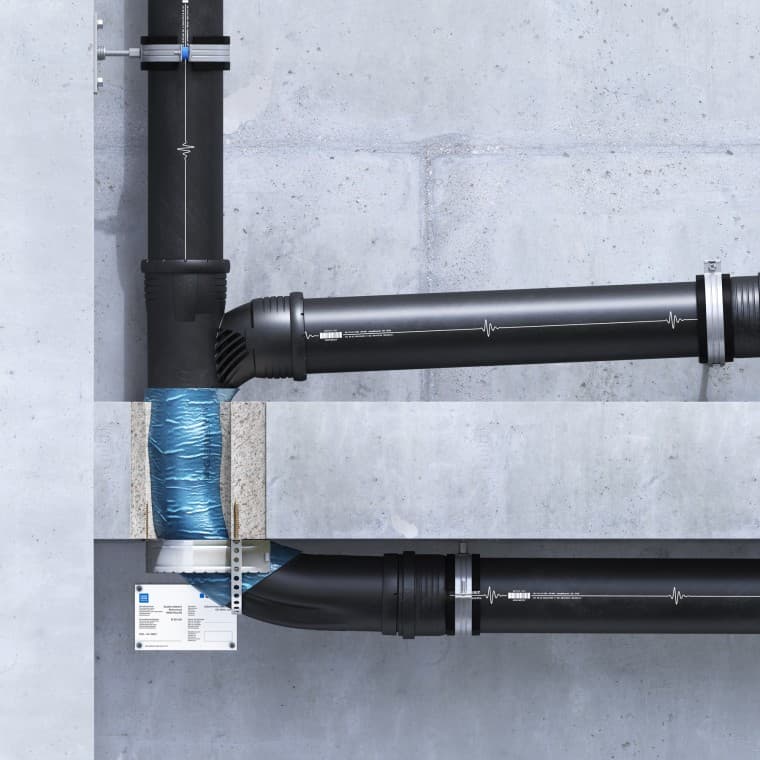 Geberit Silent-Pro SuperTube: Palokatkomansetin pinta-asennus U-muotoon Geberit Silent-Pro SuperTube: Palokatkomansetin pinta-asennus U-muotoon