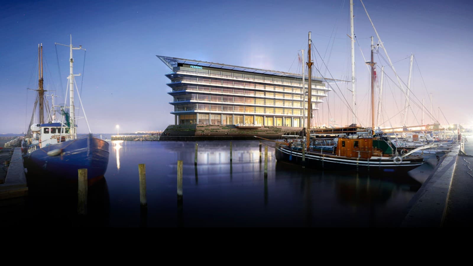 Kaunis näköala Juutinrauman salmelle Kööpenhaminan ja Malmön välillä: Ferring Pharmaceuticalsin uusi pääkonttori. (©Foster&Partners) Kaunis näköala Juutinrauman salmelle Kööpenhaminan ja Malmön välillä: Ferring Pharmaceuticalsin uusi pääkonttori. (©Foster&Partners)