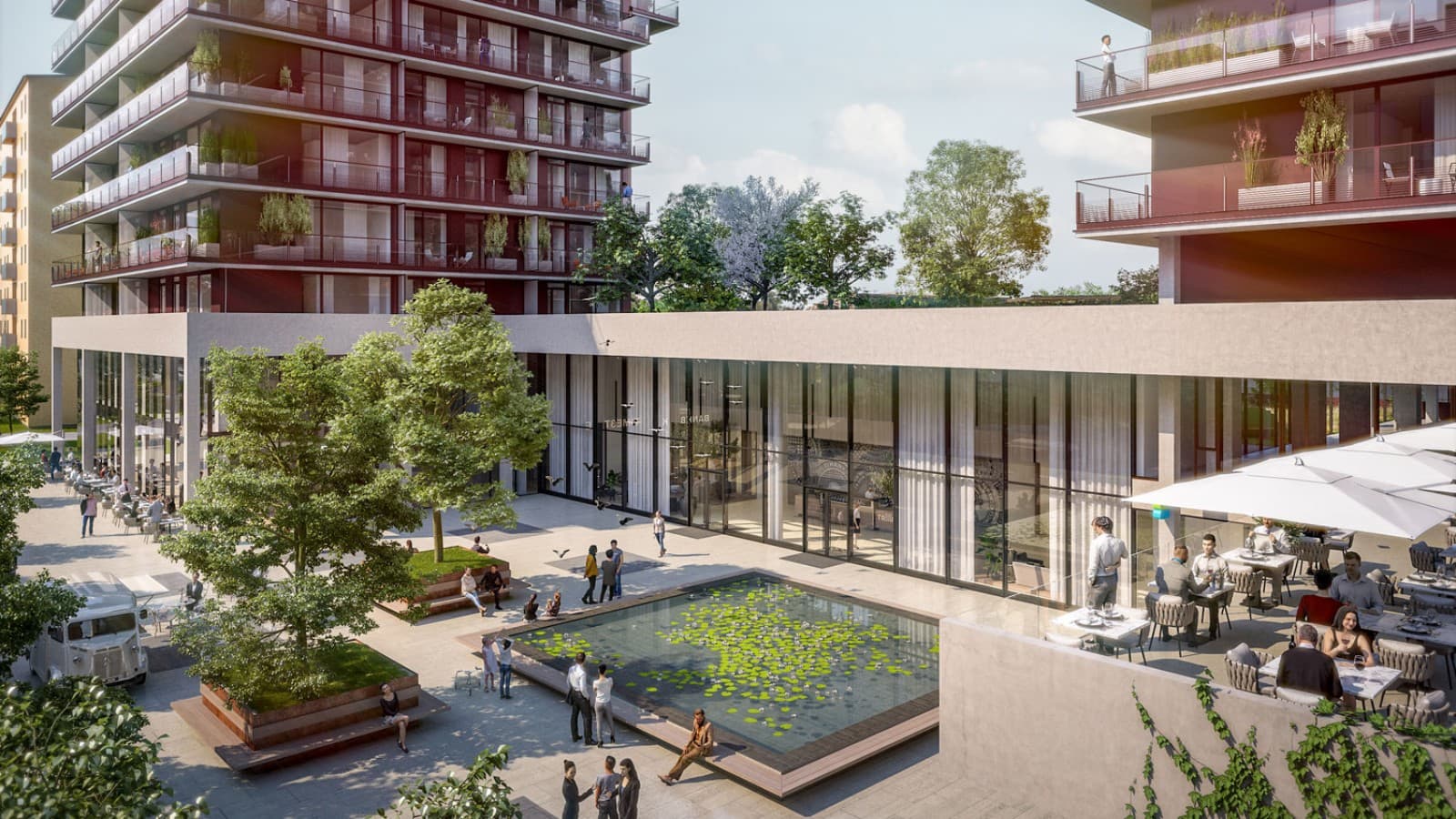 Kolme tornia ovat yhteydessä toisiinsa pohjakerroksessa. (© Soravia) Kolme tornia ovat yhteydessä toisiinsa pohjakerroksessa. (© Soravia)